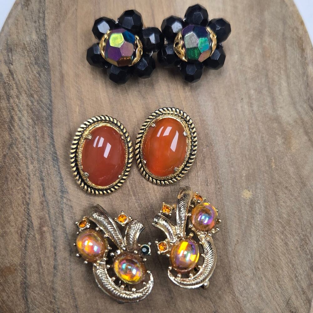Vintage Clip On Earrings Lot 3 Pair Signed Coro Watermelon Hong Kong Beaded Oval